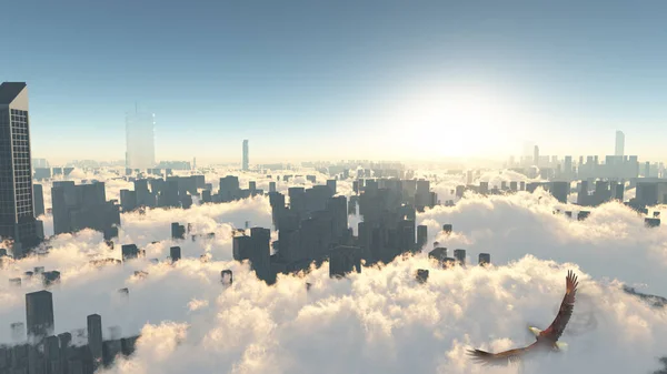 Eagle Flies City Render — Stock Photo, Image