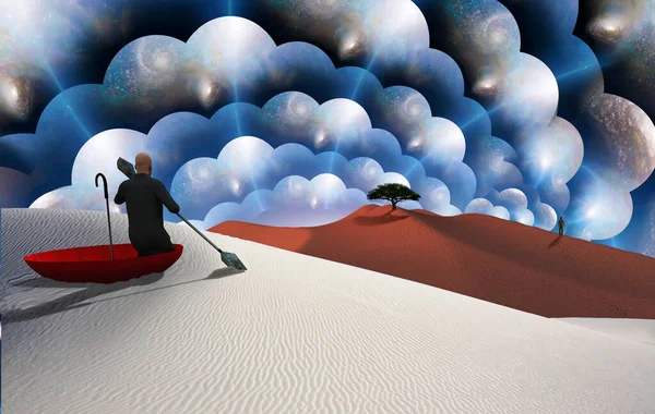 Pintura Surreal Homem Guarda Chuva Vermelho Flutuar Deserto Branco Árvore — Fotografia de Stock