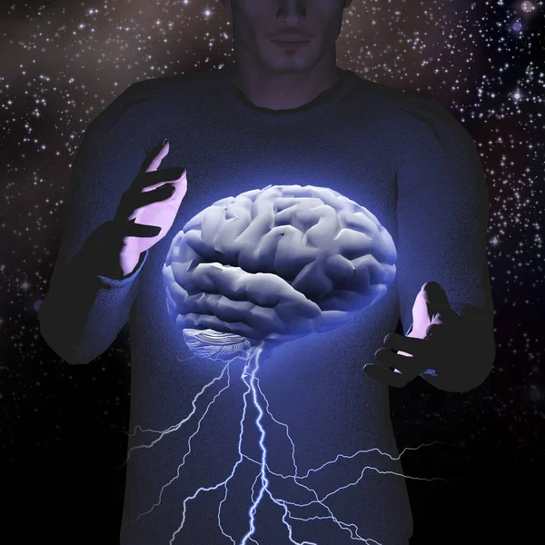 Hombre Controla Tormenta Cerebral Renderizado — Foto de Stock