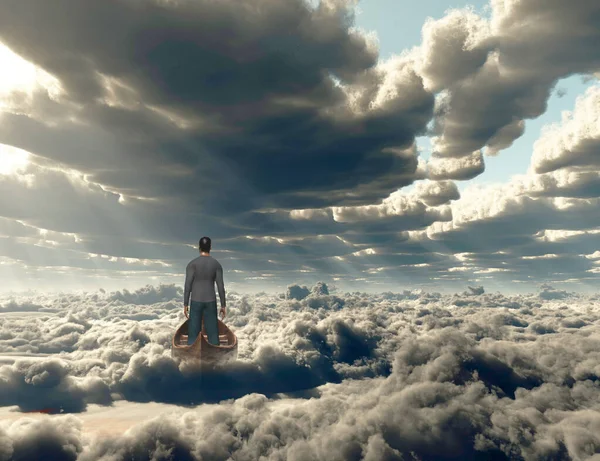 Man Canoe Floats Clouds — Stock Photo, Image
