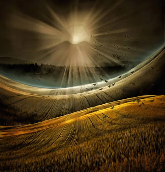 Surrealistisk Målning Skinnande Måne Stiger Över Berget Fjärilar Över Gyllene — Stockfoto
