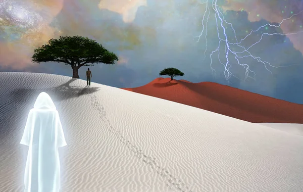 Figura Capa Encuentra Desierto Hombre Distancia Árbol Verde Horizonte Cielo —  Fotos de Stock