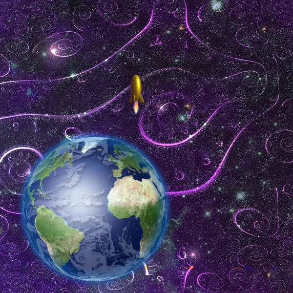 Przestrzeń Kosmiczna Spiralami Czasu Rakieta Leci Ziemi — Zdjęcie stockowe