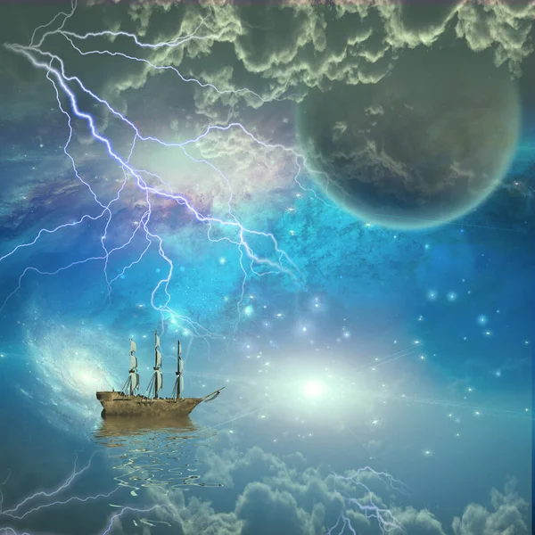 Segelschiff Mit Vollen Segeln Fantastischer Szene — Stockfoto