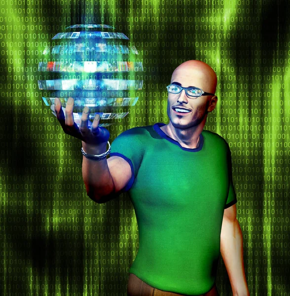 Man Looks Many Image Sphere Binary Code — Stock Photo, Image