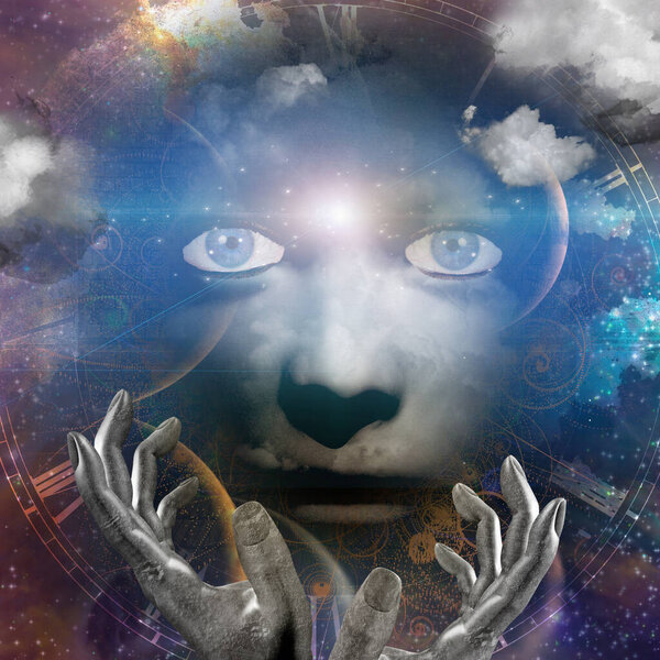 Human face with hands and universe background