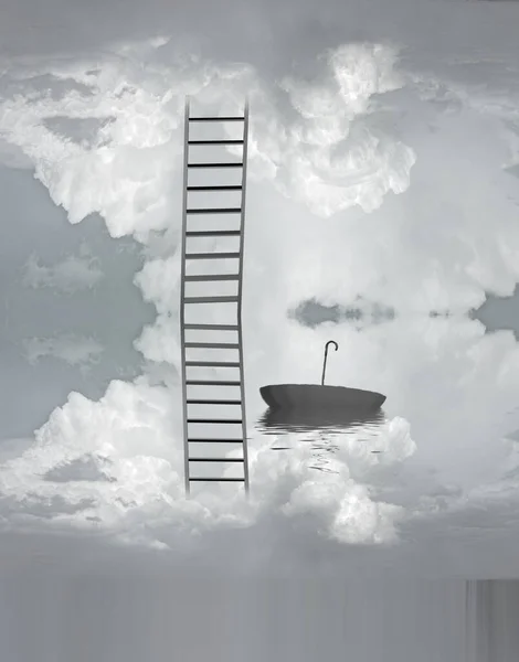 Ladder Reflected Water Floating Umbrella — Stock Photo, Image