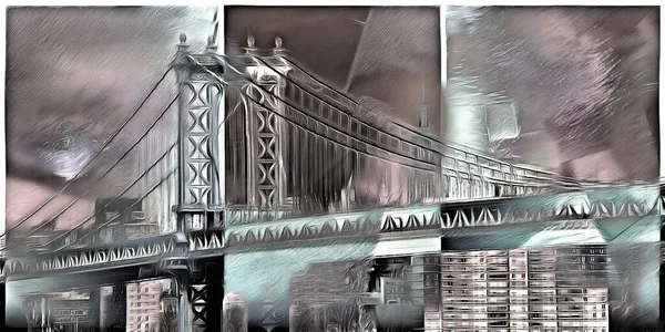 Tela Pintura Óleo Ponte Manhattan — Fotografia de Stock