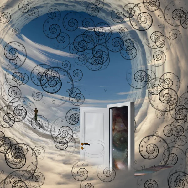 White Door Spiral Time Man Walking Cloud — Stock Photo, Image