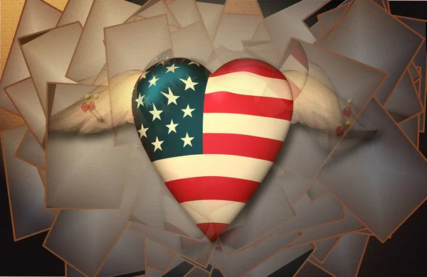 Usa Flag Corazón Alado Clavado Superficie — Foto de Stock