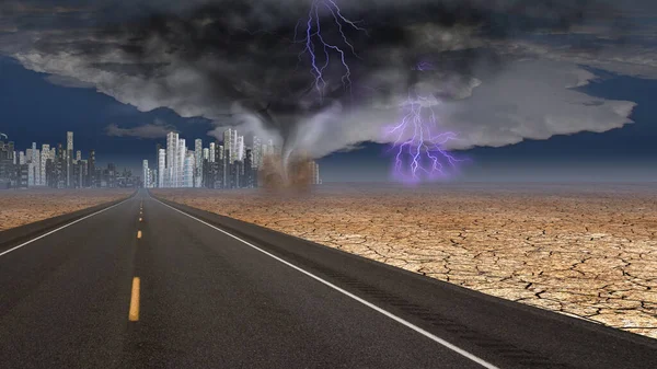 Stormy Sky Desert Road Leading City Rendering — Fotografia de Stock