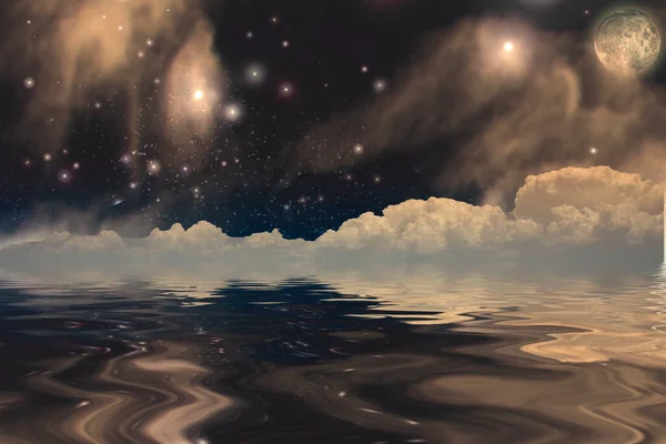 Úplněk Hvězdné Obloze Mraky Vodě — Stock fotografie