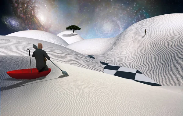 Surreal Painting Man Red Umbrella Floating White Desert Figure Man — Stock Photo, Image