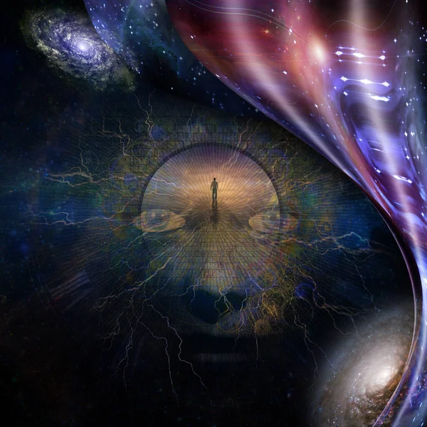 Surrealism Face Lightnings Deep Space Figure Man Road Heaven Warped — Stock Photo, Image