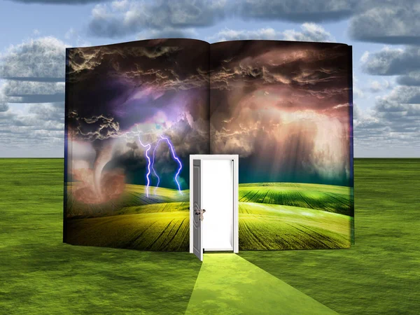 Surrealismo Libro Con Porta Campo Aperti — Foto Stock