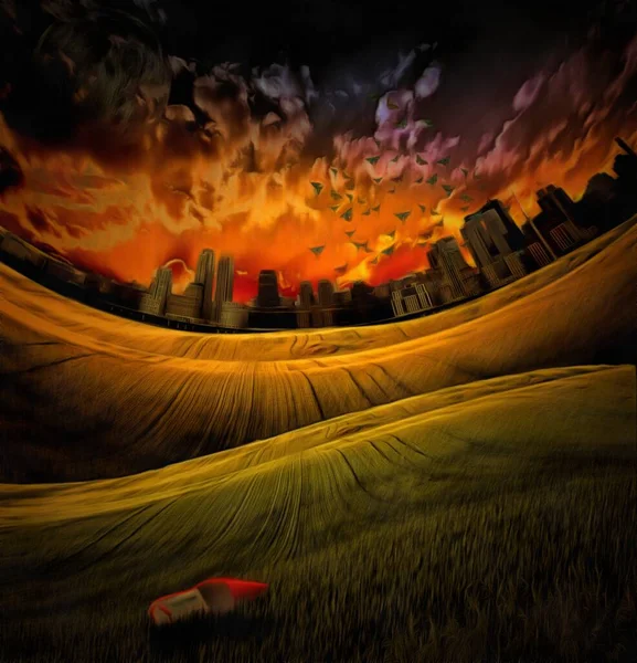 Surrealistisk Målning Röd Sko Det Gröna Fältet Stad Vid Horisonten — Stockfoto
