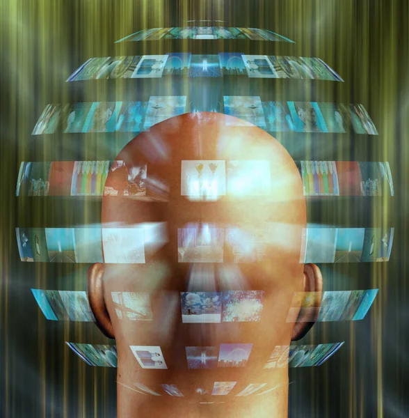 Sphere Images Surround Mans Head Rendering — Stockfoto