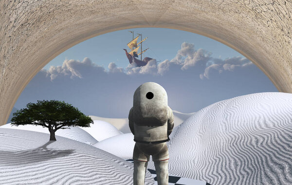 Astronaut stands in surreal white desert. Green tree on a sand dune. Ancient ship in cloudy sky.
