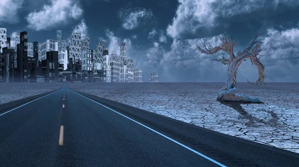 砂漠の道は都市につながる 3Dレンダリング — ストック写真