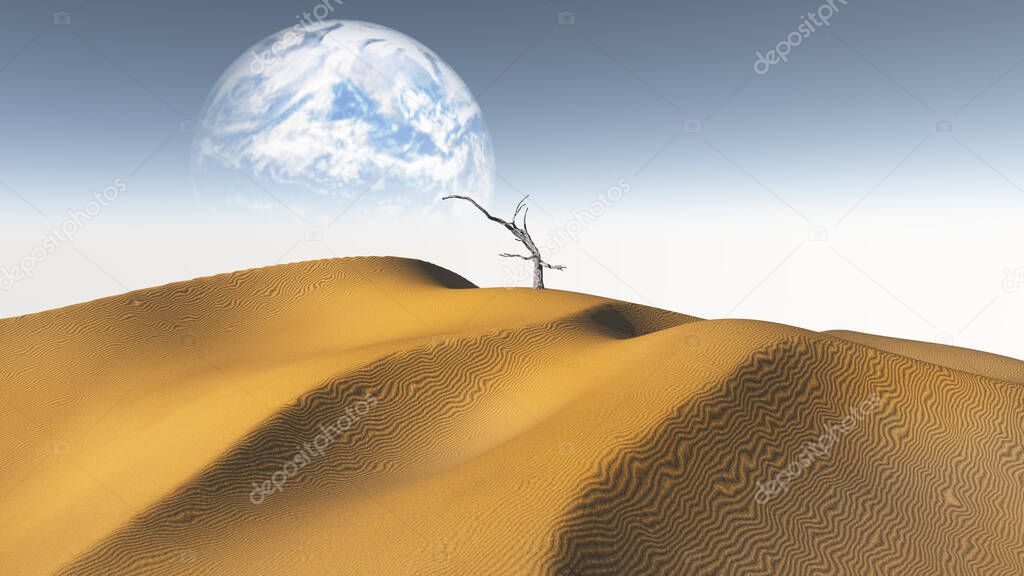 Amber Sand  Desert with Terraformed Moon or earth from terraformed moon or exoplanet