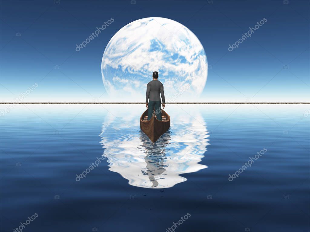 Man in a boat floats toward green horizon. Planet rise over horizon.