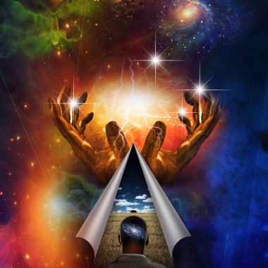 Galaksi zihni ve hareketli elleri olan adam.