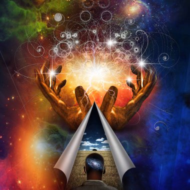 Galaksi zihni ve hareketli elleri olan adam.