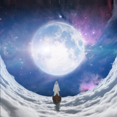 Bulutlarda dolunaya doğru süzülen beyaz cüppeli bir figür. 3B görüntüleme