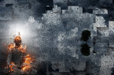 Soyut bulutlar. Kelimeler. Lotus pozunda yanan adam. Derisinde labirent deseni var.. 