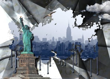 Özgürlük heykeli ve Manhattan manzarası. 3B görüntüleme