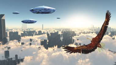 Kartal ve uçan daireler fütüristik megapolis üzerinde. Dawn..