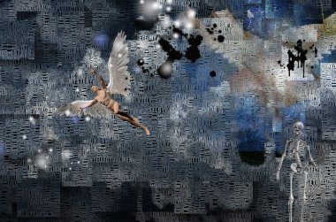 Soyut bulutlar. Kelimeler. Kanatlı çıplak adam meleği temsil ediyor. İskelet ölümü temsil eder..