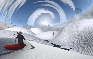 Gerçeküstü resim. Beyaz çölde yüzen kırmızı şemsiyeli adam. Uzakta duran bir insan figürü. Ufuktaki yeşil ağaç başka bir boyutta.