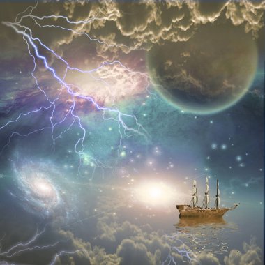 Harika bir manzarayla yelkenli gemi.