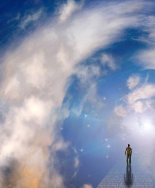 Sürrealizm. Adam gökyüzüne taş yolda yürür.