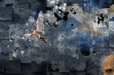 Soyut bulutlar. Kelimeler. Kanatlı çıplak adam meleği temsil ediyor..