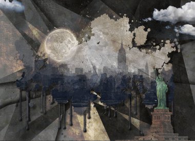 Özgürlük heykeli ve Manhattan manzarası. 3B görüntüleme