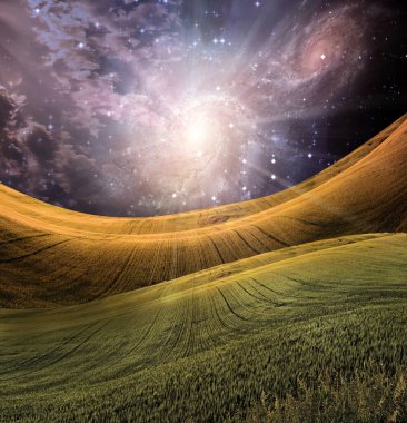 Dramatik gökyüzü ile huzurlu bir manzara. 3B görüntüleme