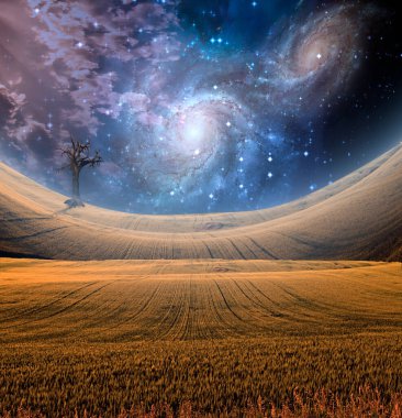 Dramatik gökyüzü ile huzurlu bir manzara. 3B görüntüleme