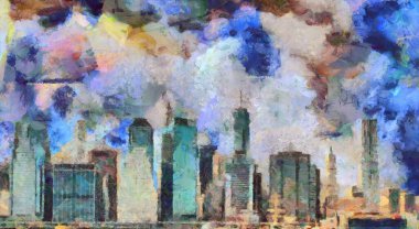 Manhattan yağlı boya, şehir manzarası. 3B görüntüleme