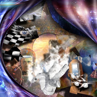 Karmaşık sürreal resim. Erkeklerin kafaları farklı düşüncelerle dolu. Satranç tahtası desenli bir kadın yüzü, yüzü yerine kapısı açık bir kadın yüzü. Cennete giden yolda yalnız bir adam. Kanatlı saatler zamanın akışını simgeler..