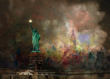 Libery Heykeli ve Manhattan Panorama. 3B görüntüleme