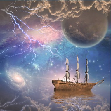 Harika bir manzarayla yelkenli gemi.