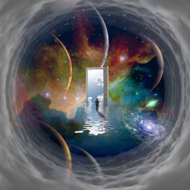 Soyut uzayda, açık kapının önündeki adam.