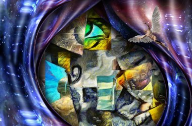 Karmaşık sürreal resim. Göz, bulmacanın parçaları, kare elementler, metin. Kanatlı çıplak adam meleği temsil ediyor..