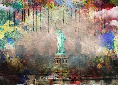 Libery Heykeli ve Manhattan Panorama. 3B görüntüleme