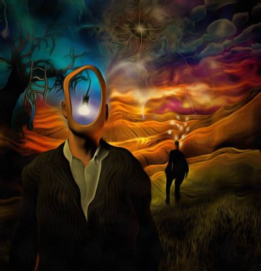 Surreal painting. Faceless man. Old tree with one light bulb on a branch. God's eye in the sky. Business man is thinking in the field. Light bulbs around of his head symbolizes ideas. clipart