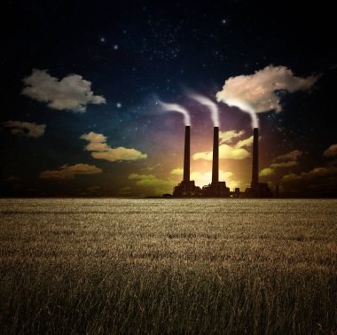 Factory in field. 3D rendering
