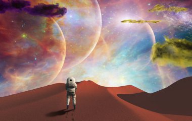 Astronaut on another planet 3D rendering