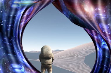 Sürrealizm. Astronot beyaz çölde duruyor. Bükülmüş boşluk.
